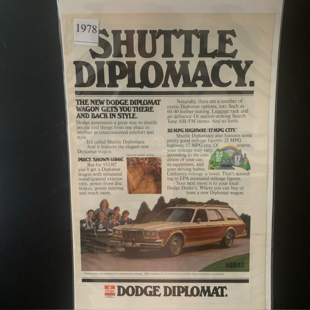Vintage 1978 Dodge Diplomat Shuttle Diplomacy Ad Advertisement